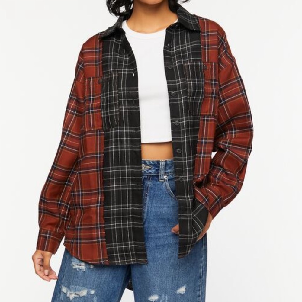 Mixed print plaid high low shirt